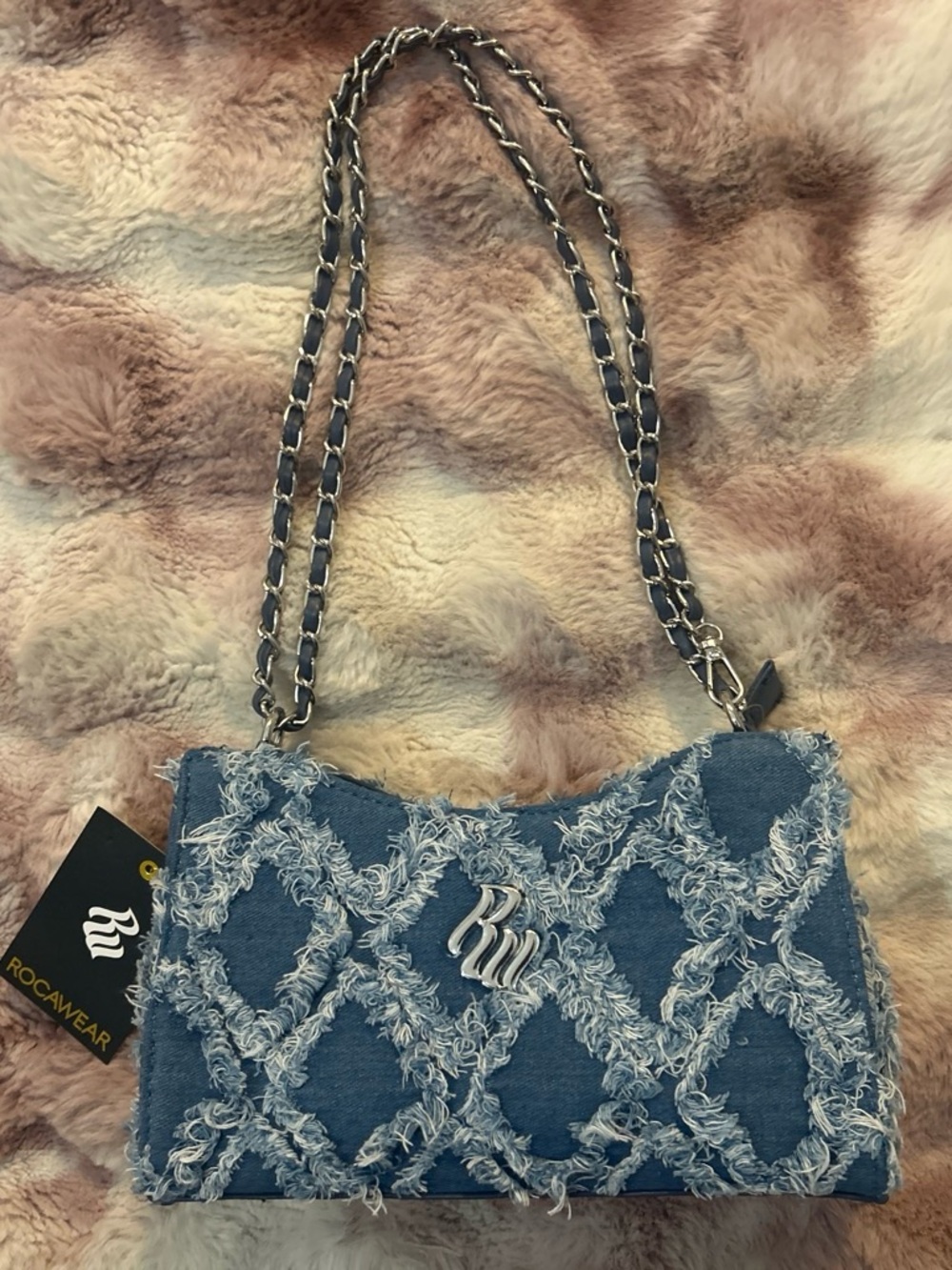 Rocawear Blue Frayed Denim Chain-Handle Shoulder Bag